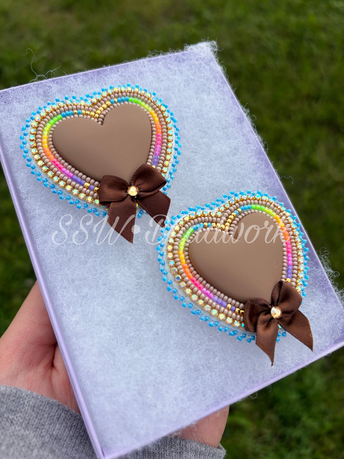 Brown Beaded Heart Earrings 🎀