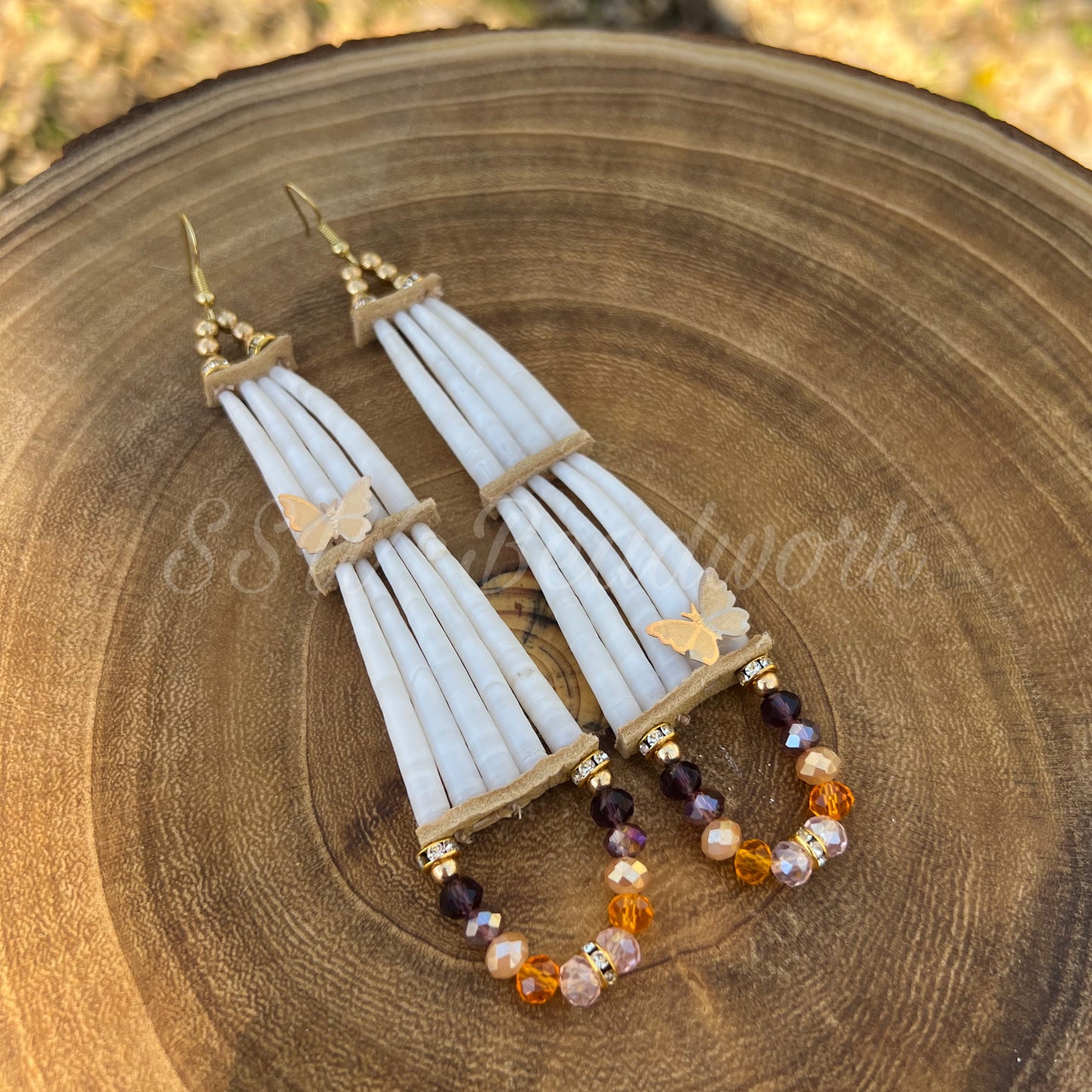 🎃 2-tier Dentalium Shell Earrings with Butterflies #3 🎃
