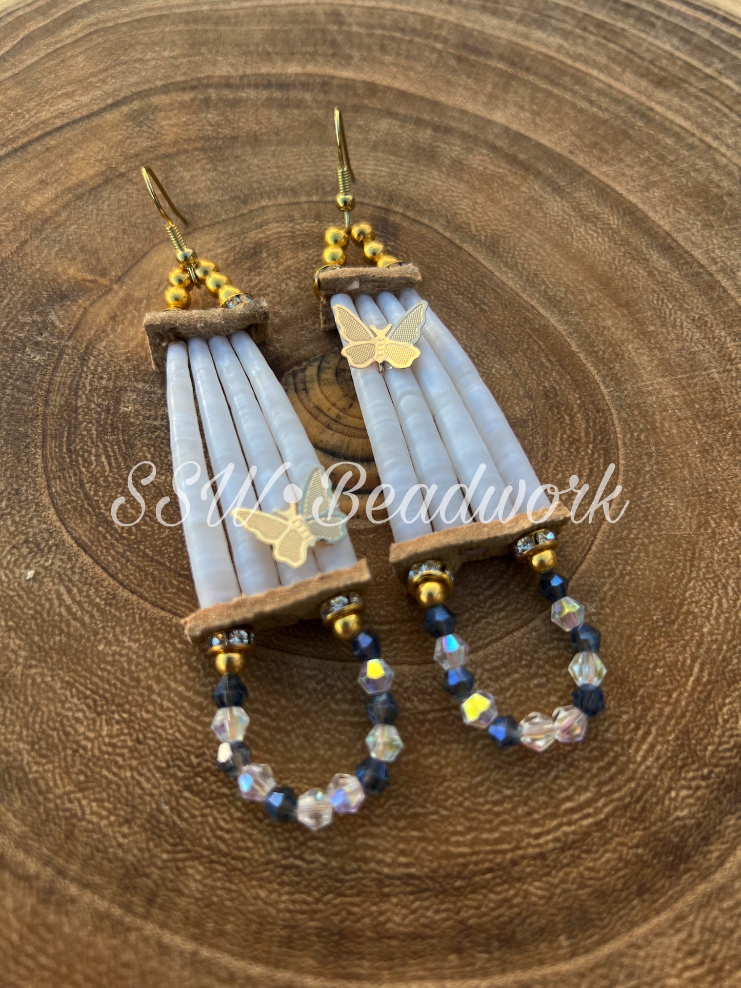 Blue & White 1 Tier Dentalium Shell Earrings