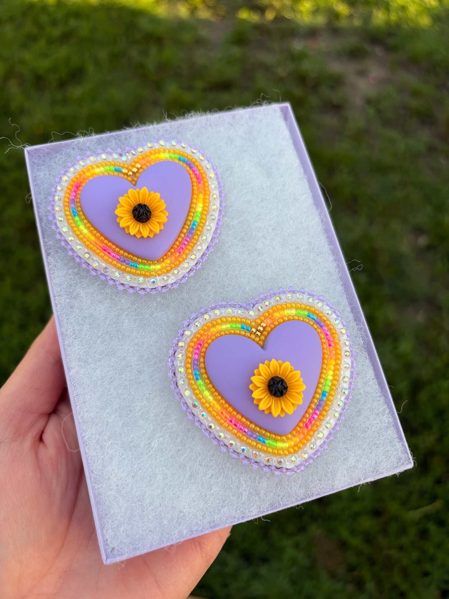 Purple Sunset Sunflower Heart Earrings 🌻