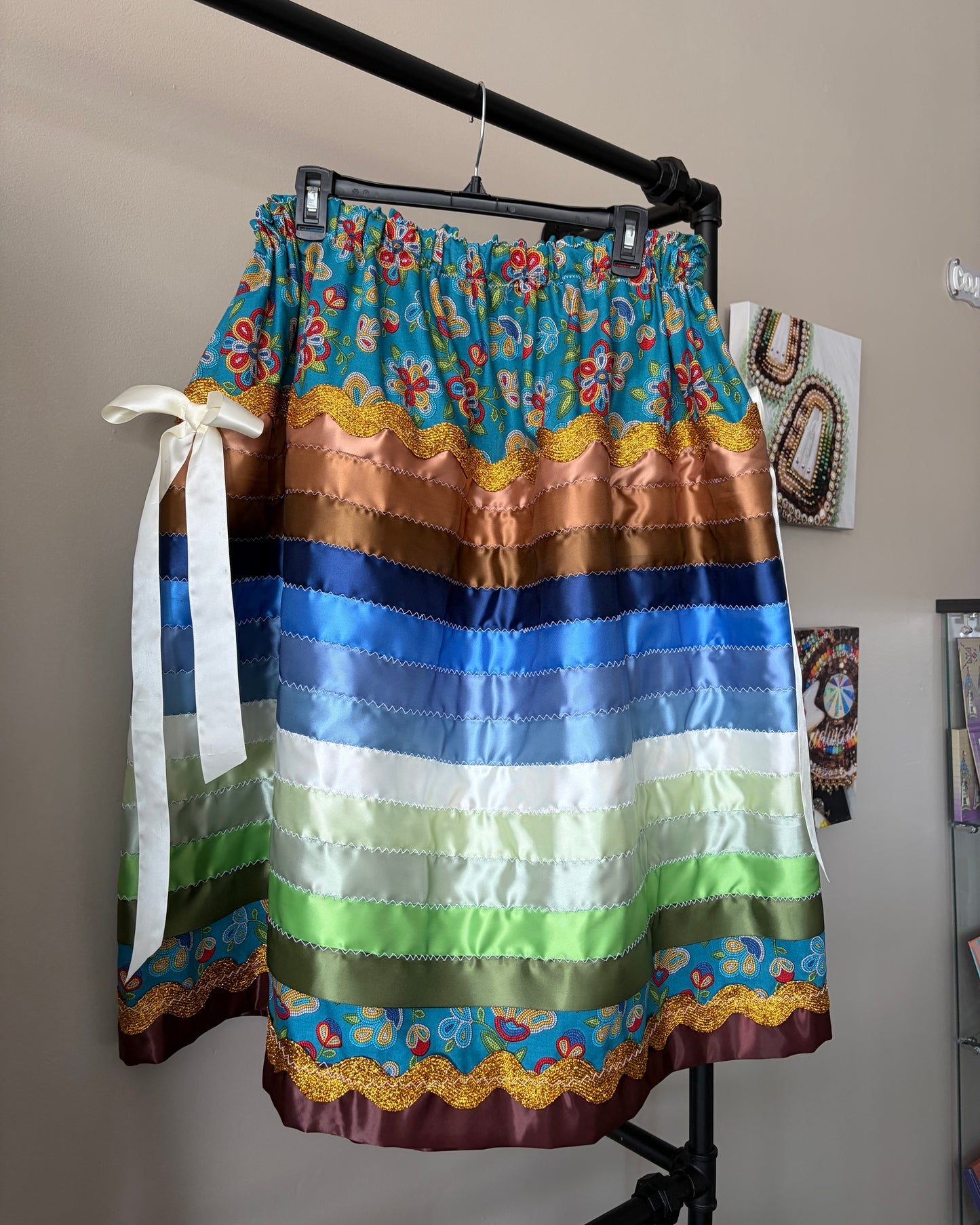 Acâhkosko Works - Blue and Brown Ribbon Skirt M-2XL