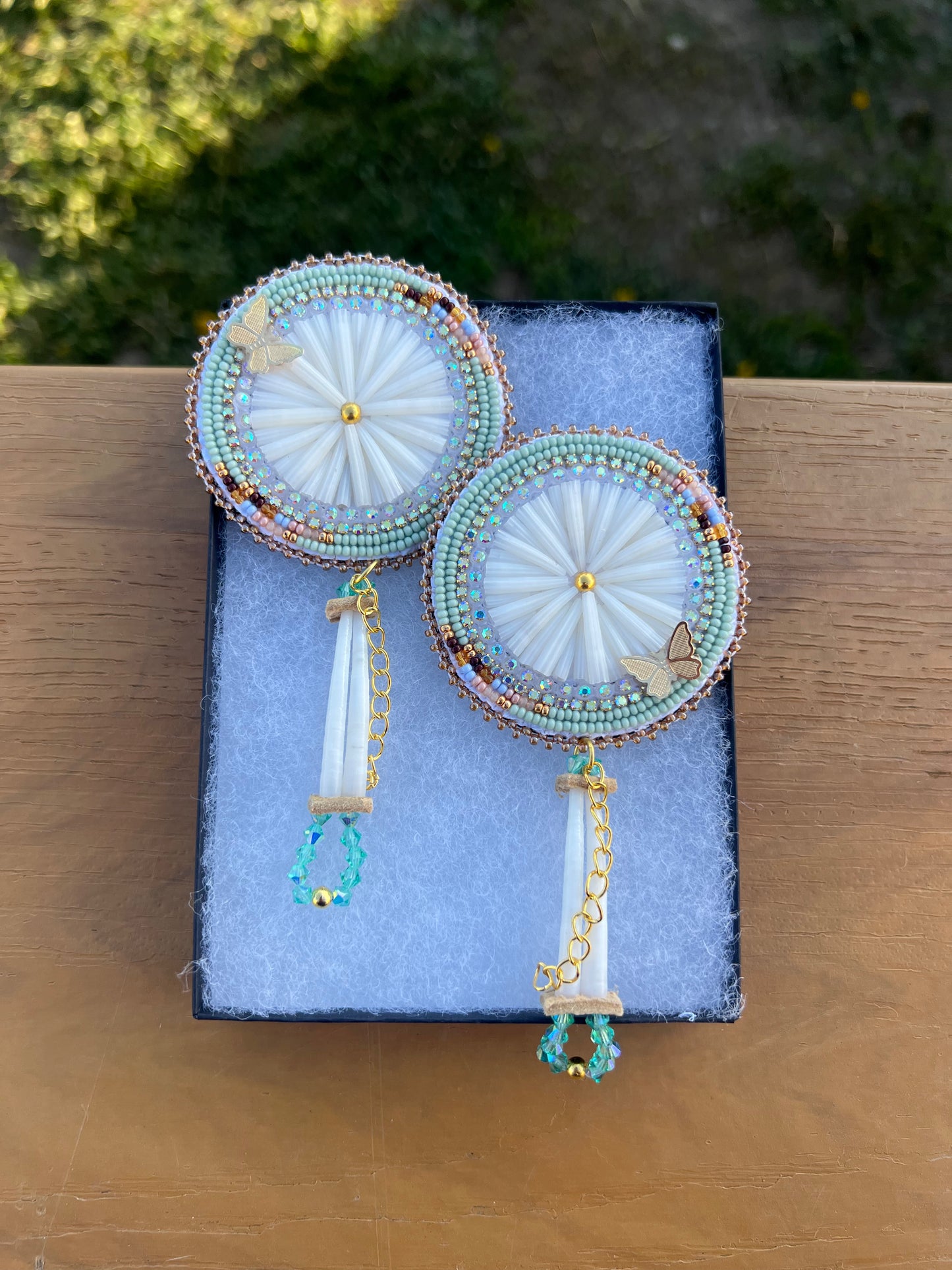 Large Sage Dentalium Shell Earrings with Butterflies