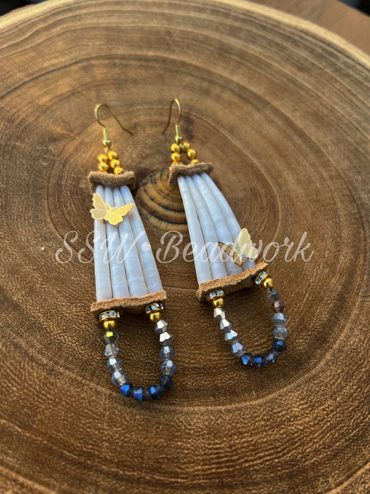 Grey & Blue 1 Tier Dentalium Shell Earrings