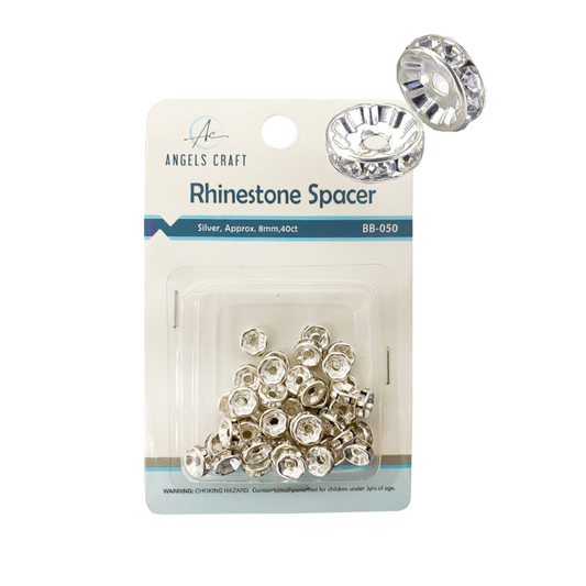Rhinestone Spacer, 8mm 40-ct Silver w/ Clear Stone