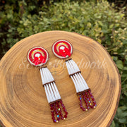 🍁Red Beaded Earrings with 2-Tier Dentalium Shell Drops🍁