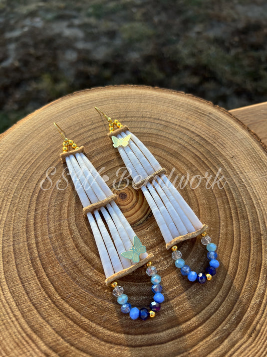 Blue 2 Tier Butterfly Dentalium Shell Earrings