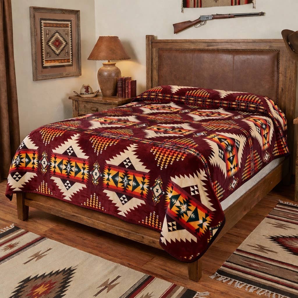 White River – Queen Reversible Flannel Fleece Blanket Burgan