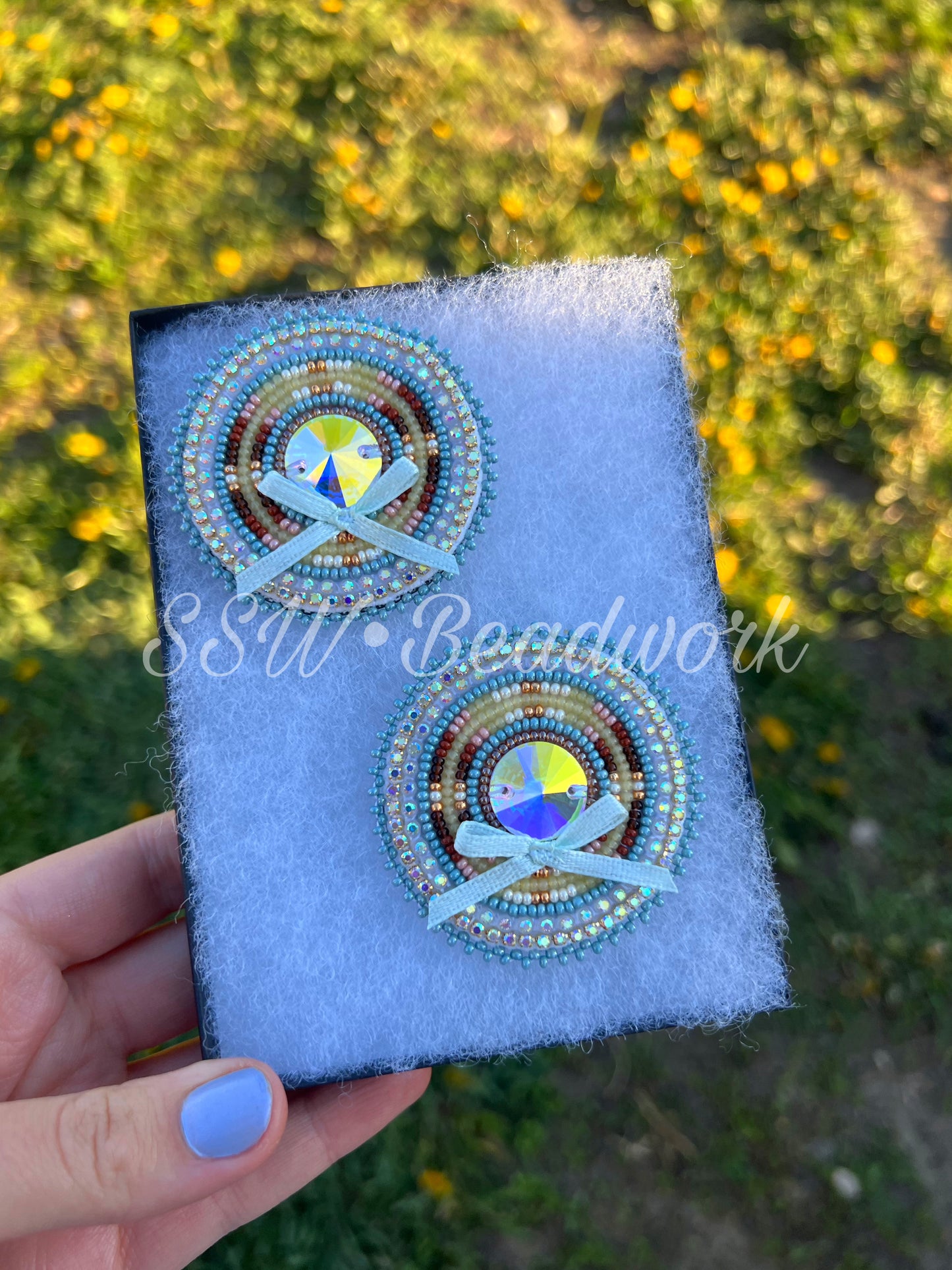 Large Blue Beaded Earrings with Bows