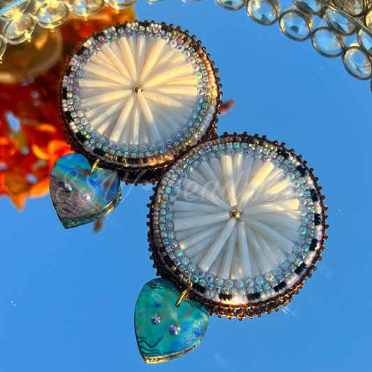 Large Brown Dentalium Earrings with Abalone Heart Drops