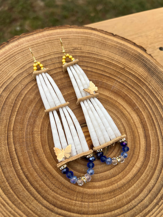 Dark Blue 2-tier dentalium shell earrings with butterflies 🦋