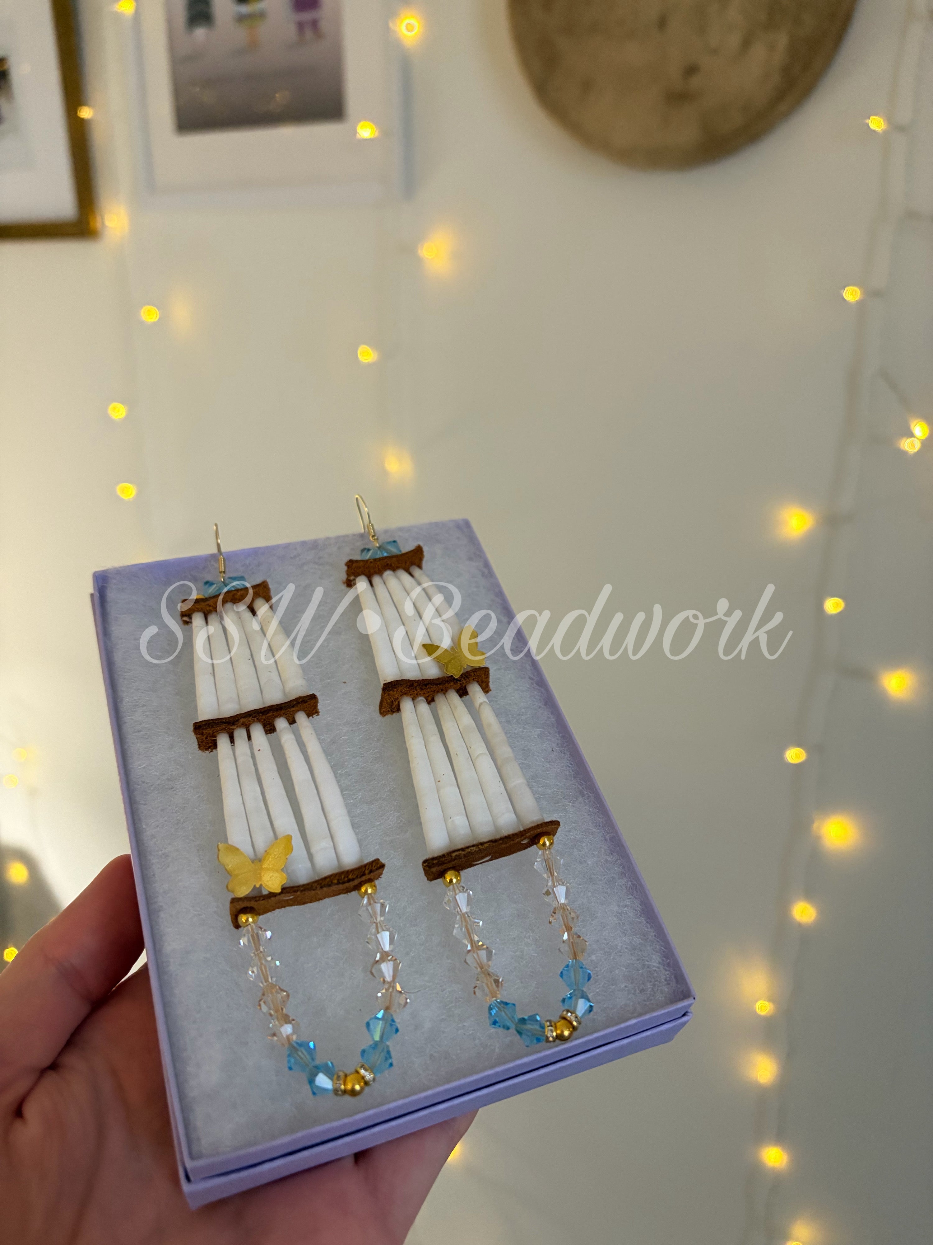 Blue Dentalium Shell Earrings with Butterflies 🦋