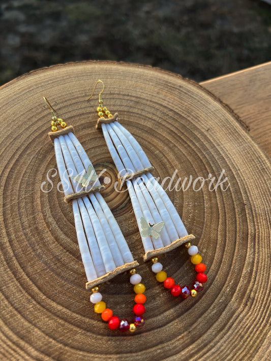 Fire Colors 2 Tier Butterfly Dentalium Shell Earrings