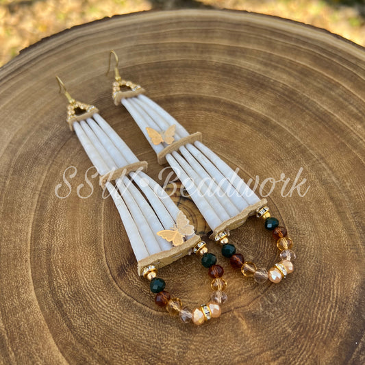🎃 2-tier Dentalium Shell Earrings with Butterflies #2 🎃