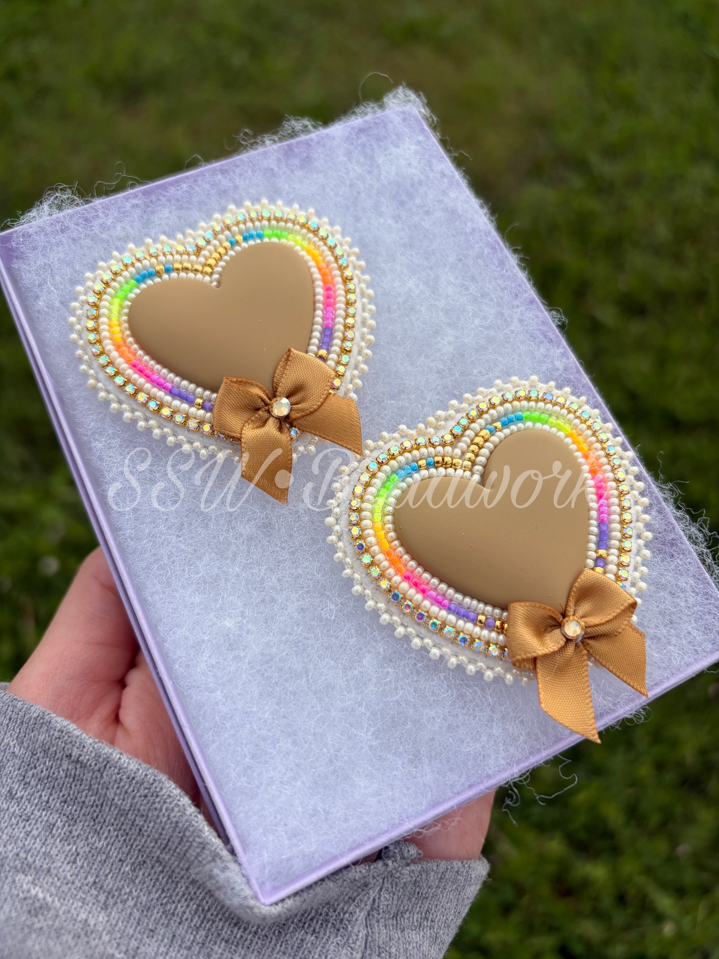 Tan Beaded Heart Earrings 🎀