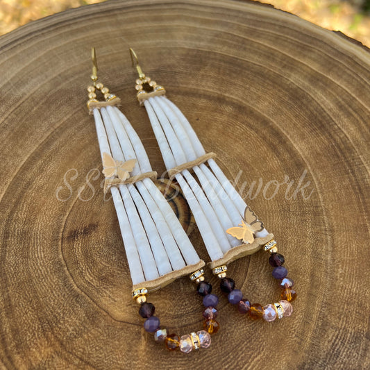🎃 2-tier Dentalium Shell Earrings with Butterflies #4 🎃