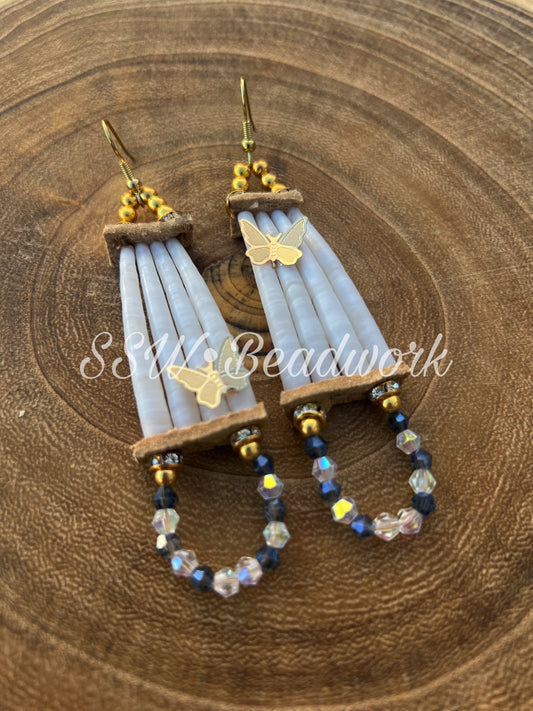 Blue & White 1 Tier Dentalium Shell Earrings