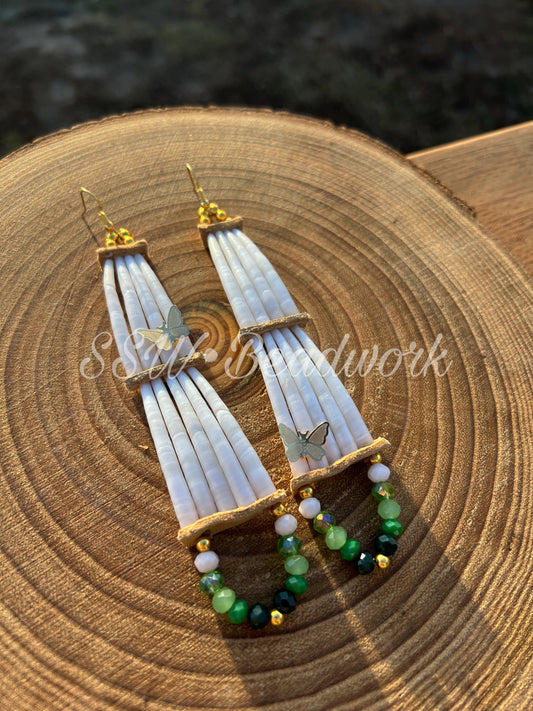 Green 2 Tier Butterfly Dentalium Shell Earrings