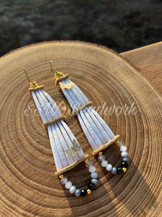 Black & White 2 Tier Butterfly Dentalium Shell Earrings