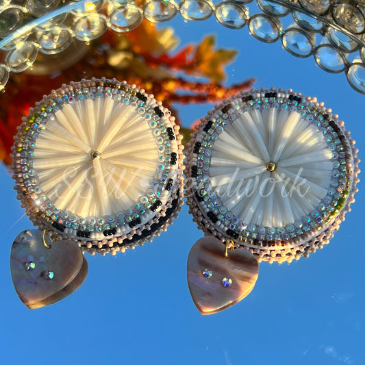 Large Neutral Dentalium Earrings with Shell Heart Drops