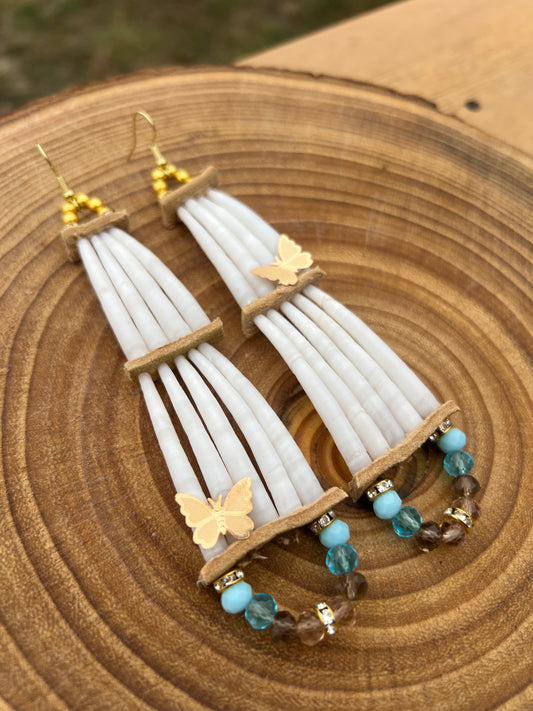 Light Blue 2-tier dentalium shell earrings with butterflies 🦋