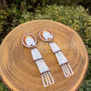 🤍White Beaded Earrings with 2-Tier Dentalium Shell Drops🤍