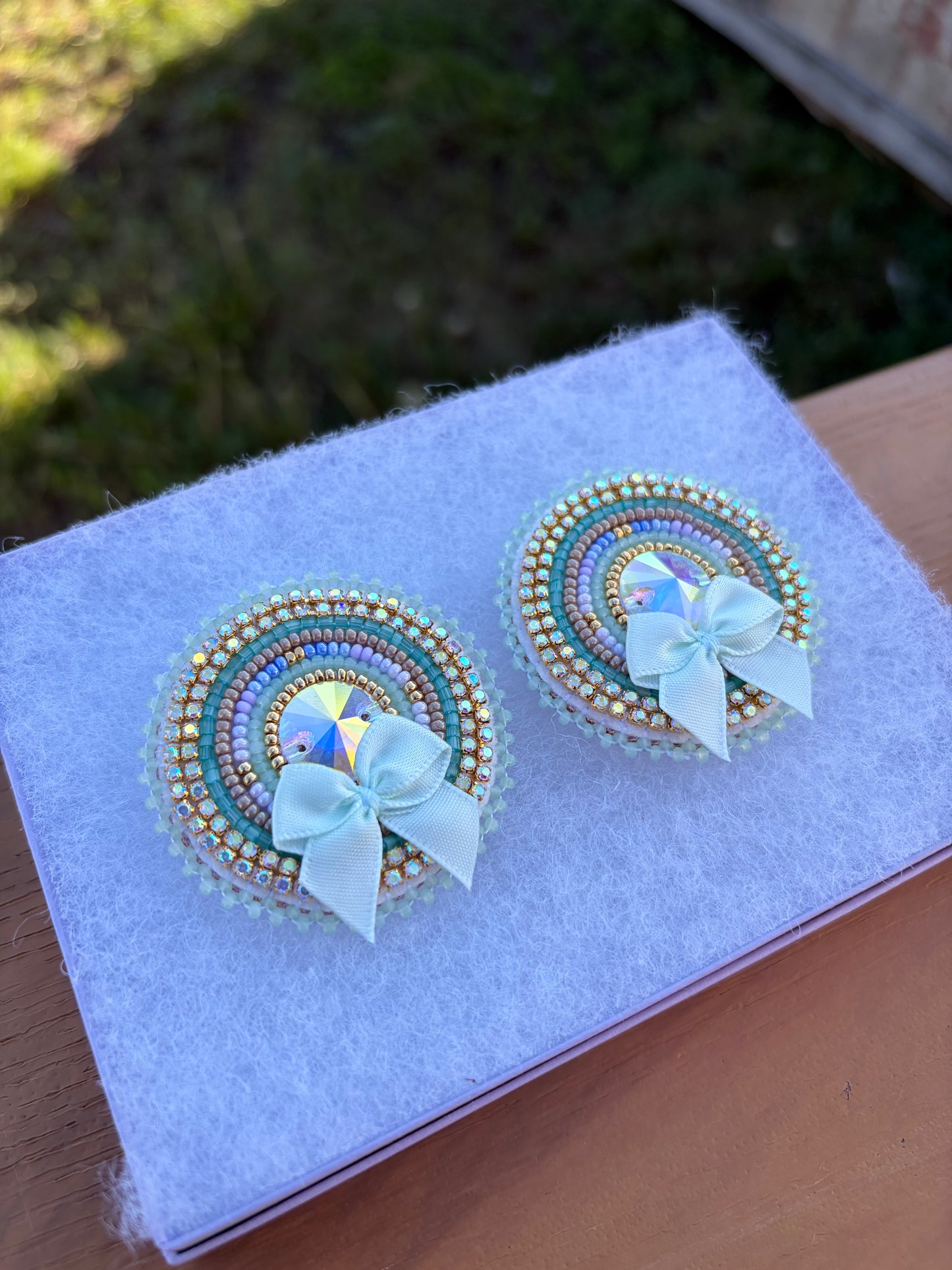 Aqua Beaded Earrings with Satin Bows 🎀