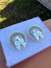 Aqua Beaded Earrings with Satin Bows 🎀