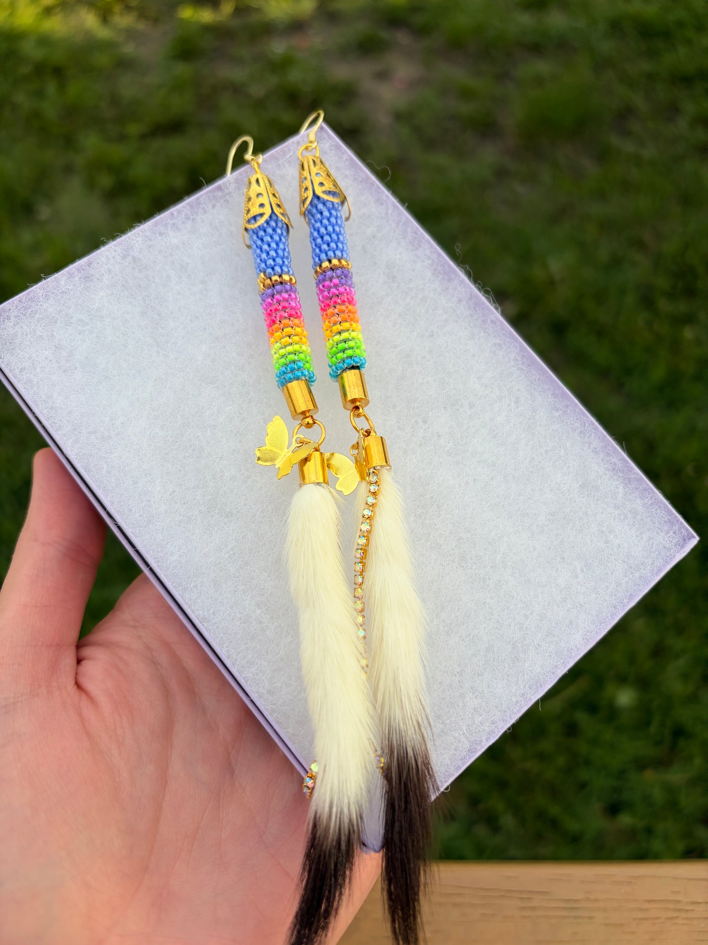 Light Blue Ermine Tail Earrings with Butterfly Charms 🦋