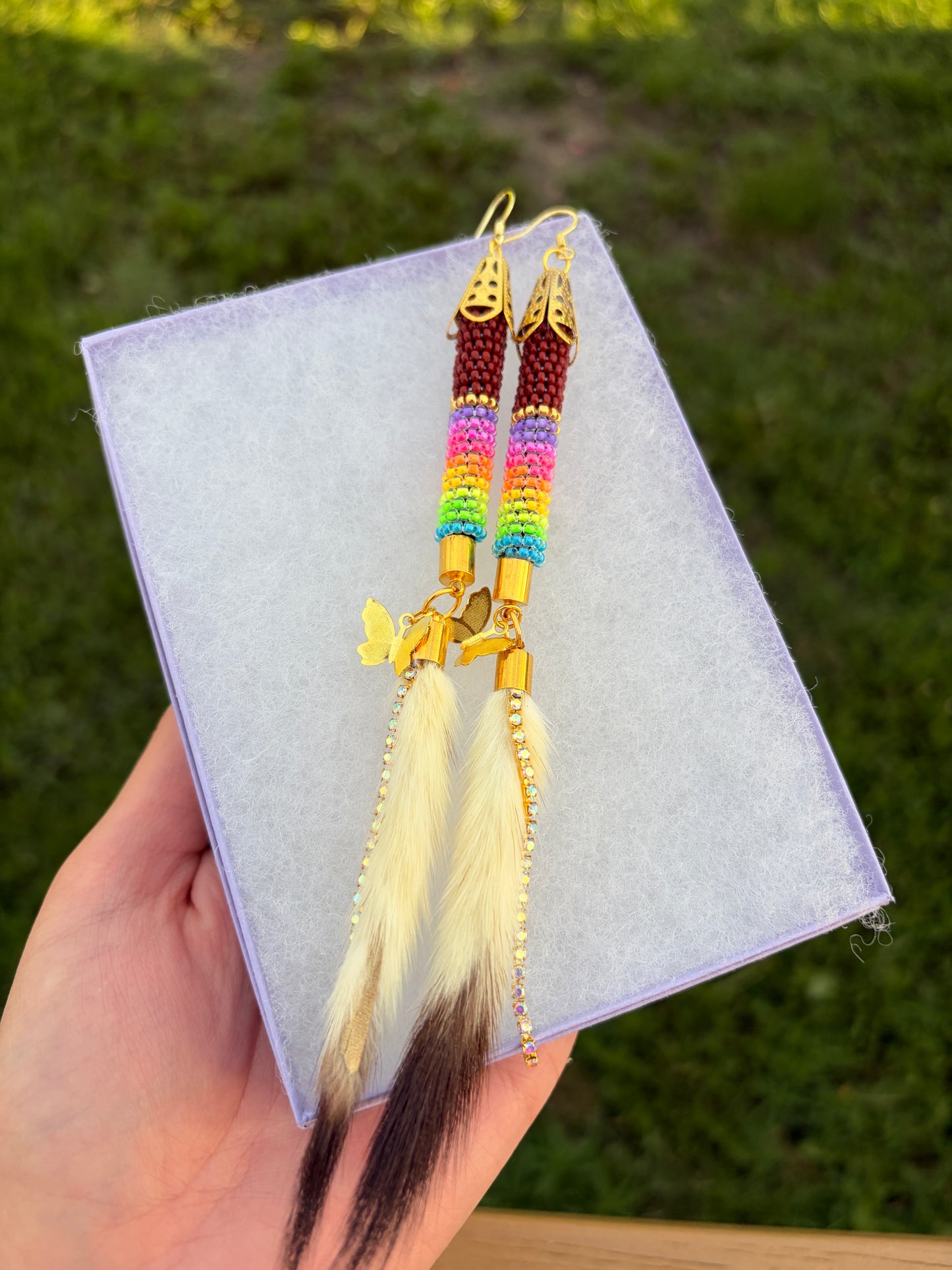 Maroon Ermine Tail Earrings with Butterfly Charms 🦋