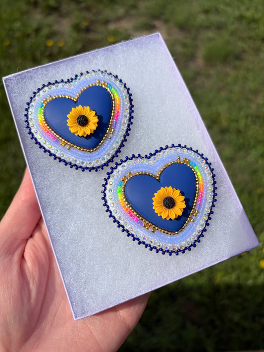 Dark Blue Sunflower Heart Earrings 🌻
