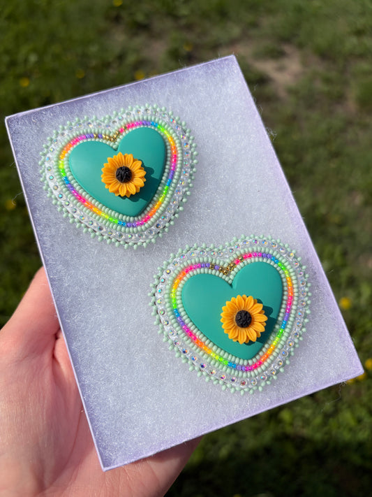 Turquoise/Sage Sunset Sunflower Heart Earrings 🌻