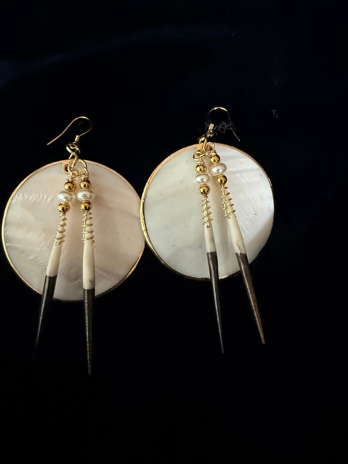 Large Mother of Pearl Shells & Imitation African Quill Earrings