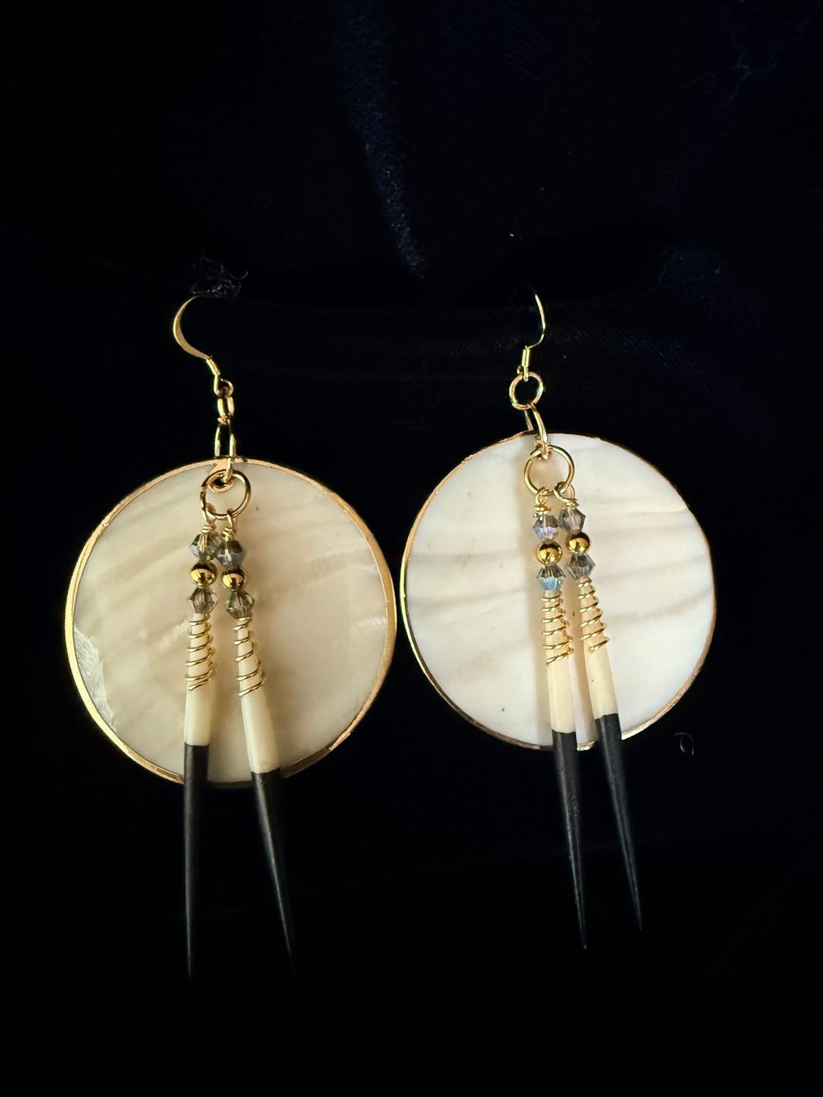 Large Mother of Pearl Shells & Imitation African Quill Earrings