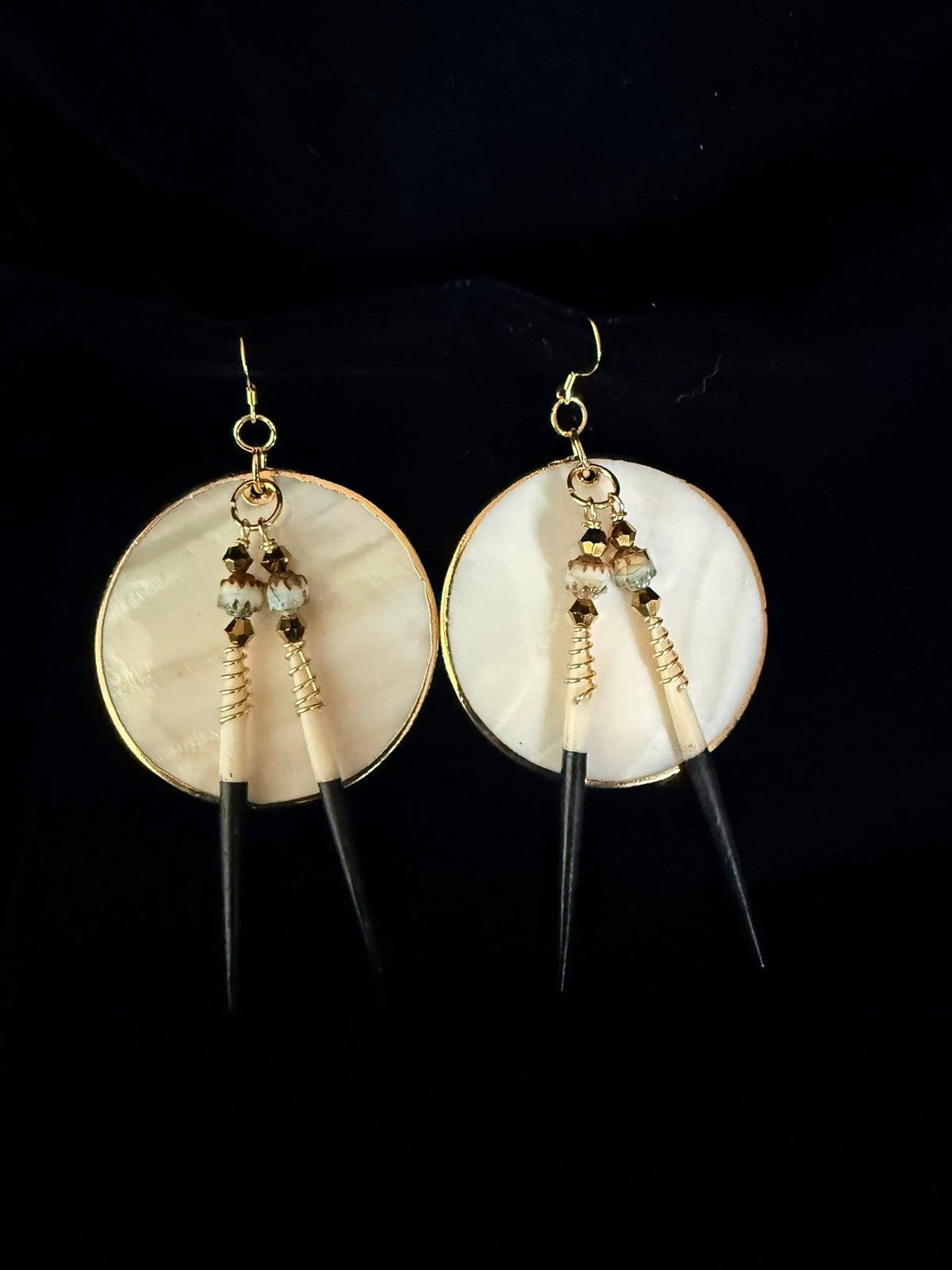 Large Mother of Pearl Shells & Imitation African Quill Earrings