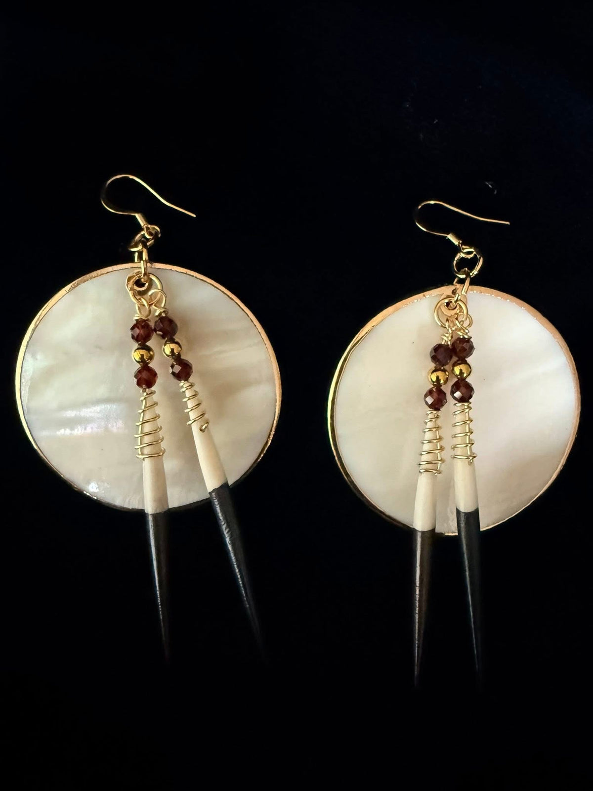 Large Mother of Pearl Shells & Imitation African Quill Earrings