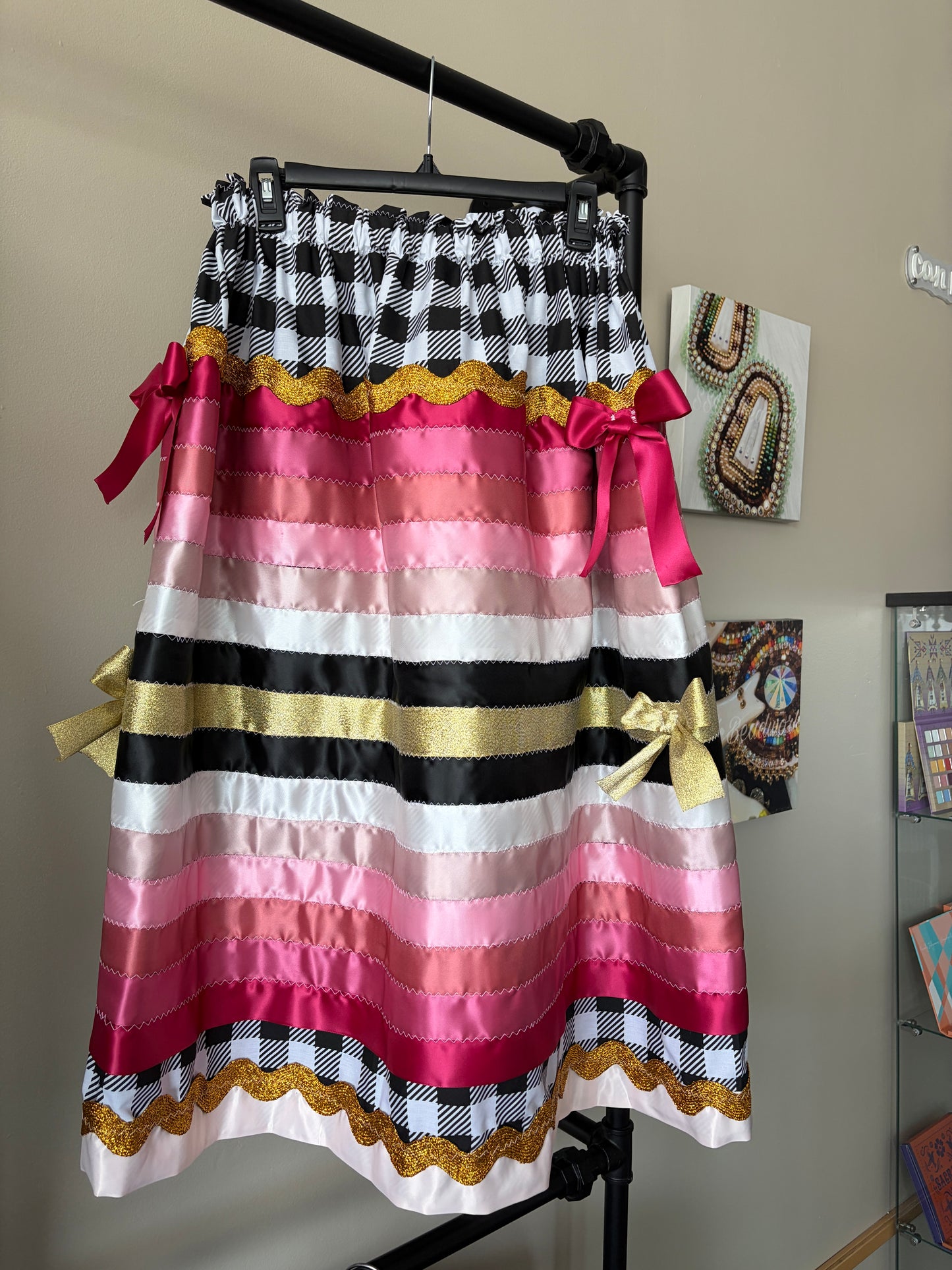 Acâhkosko Works - Black, White, Pink Ribbon Skirt M-2XL