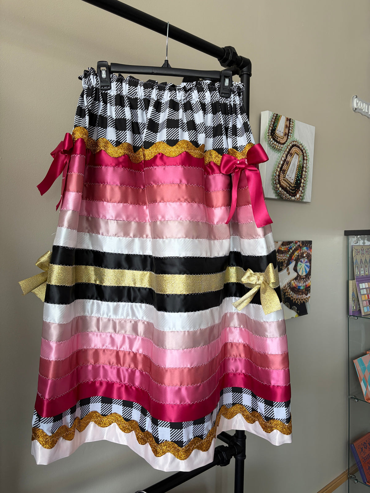 Acâhkosko Works - Black, White, Pink Ribbon Skirt M-2XL