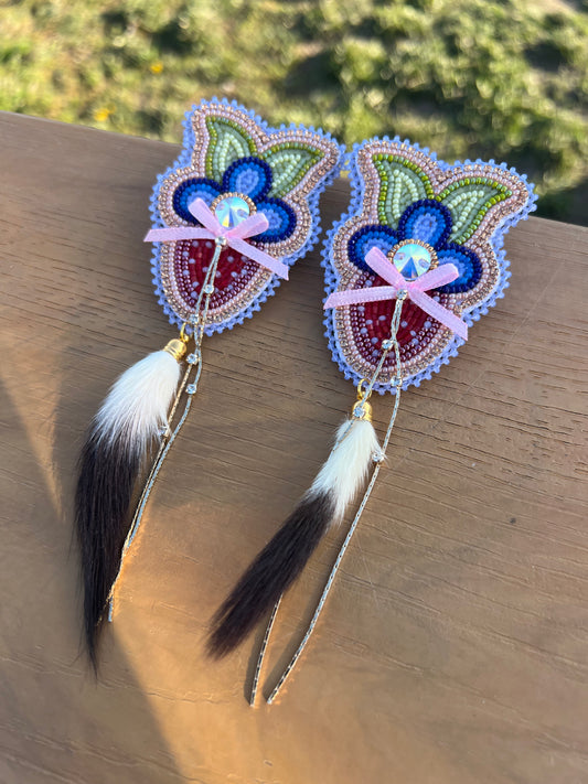 Large Pink & Blue Floral Earrings with Ermine