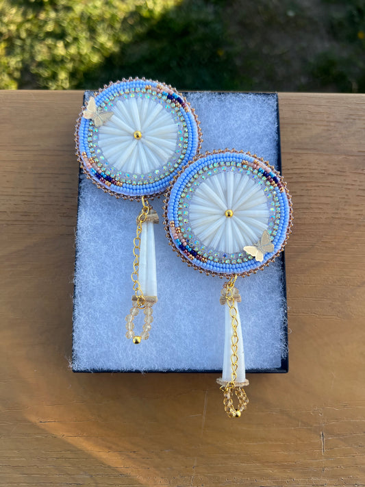 Large Blue Dentalium Shell Earrings with Butterflies