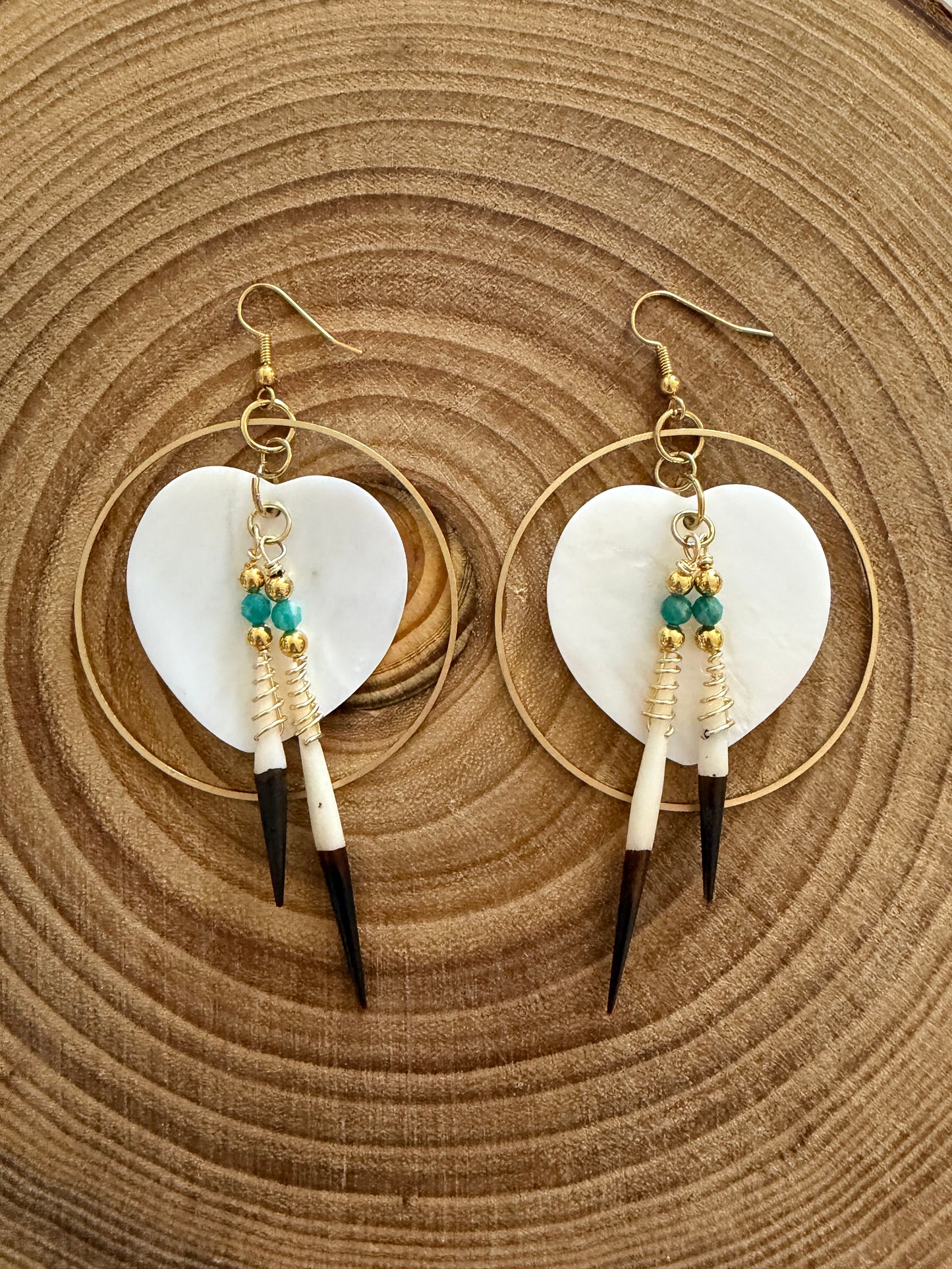 BlueRock Beads - Large Heart Shell Earrings with African Quills