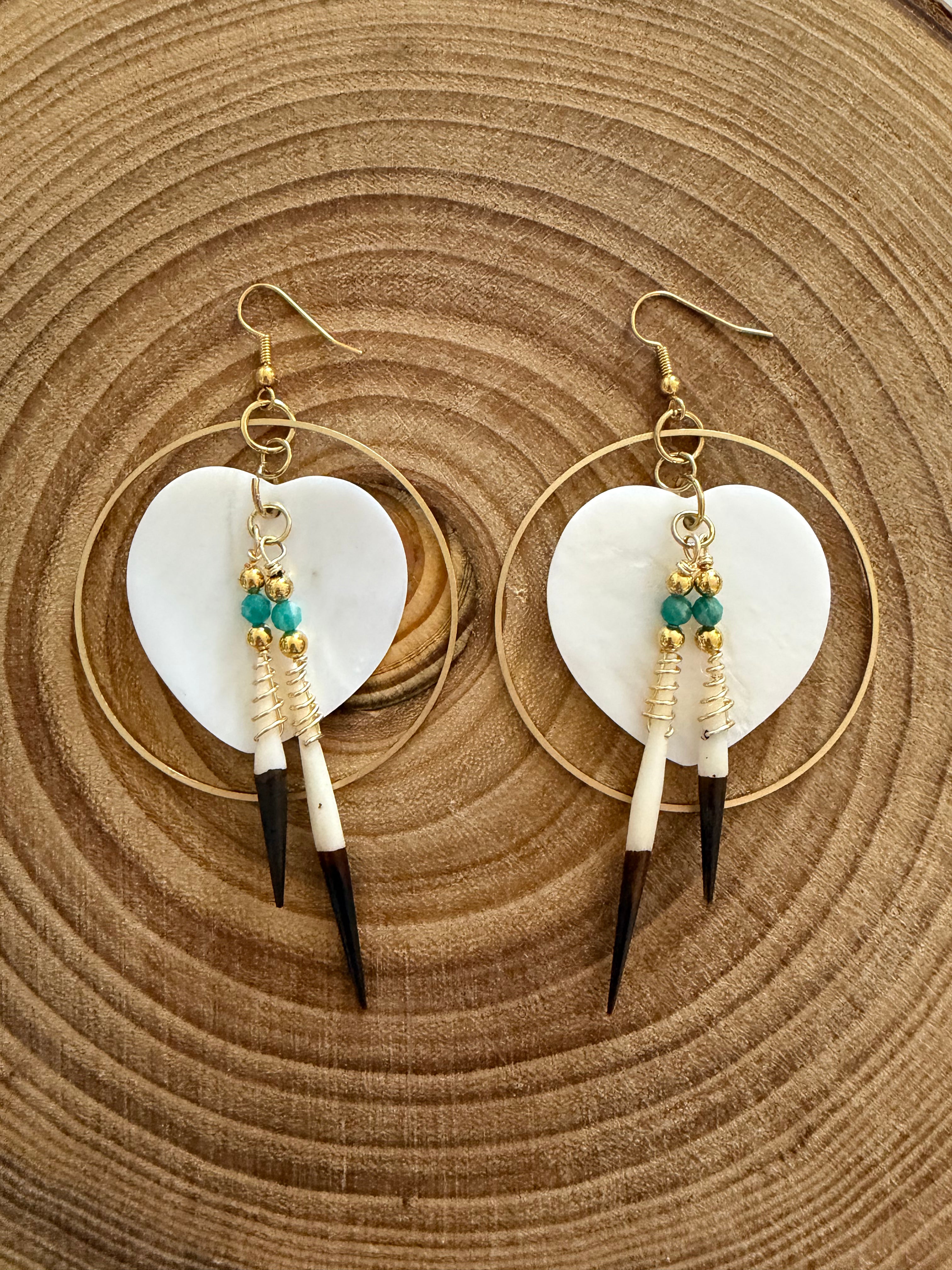 BlueRock Beads - Large Heart Shell Earrings with African Quills