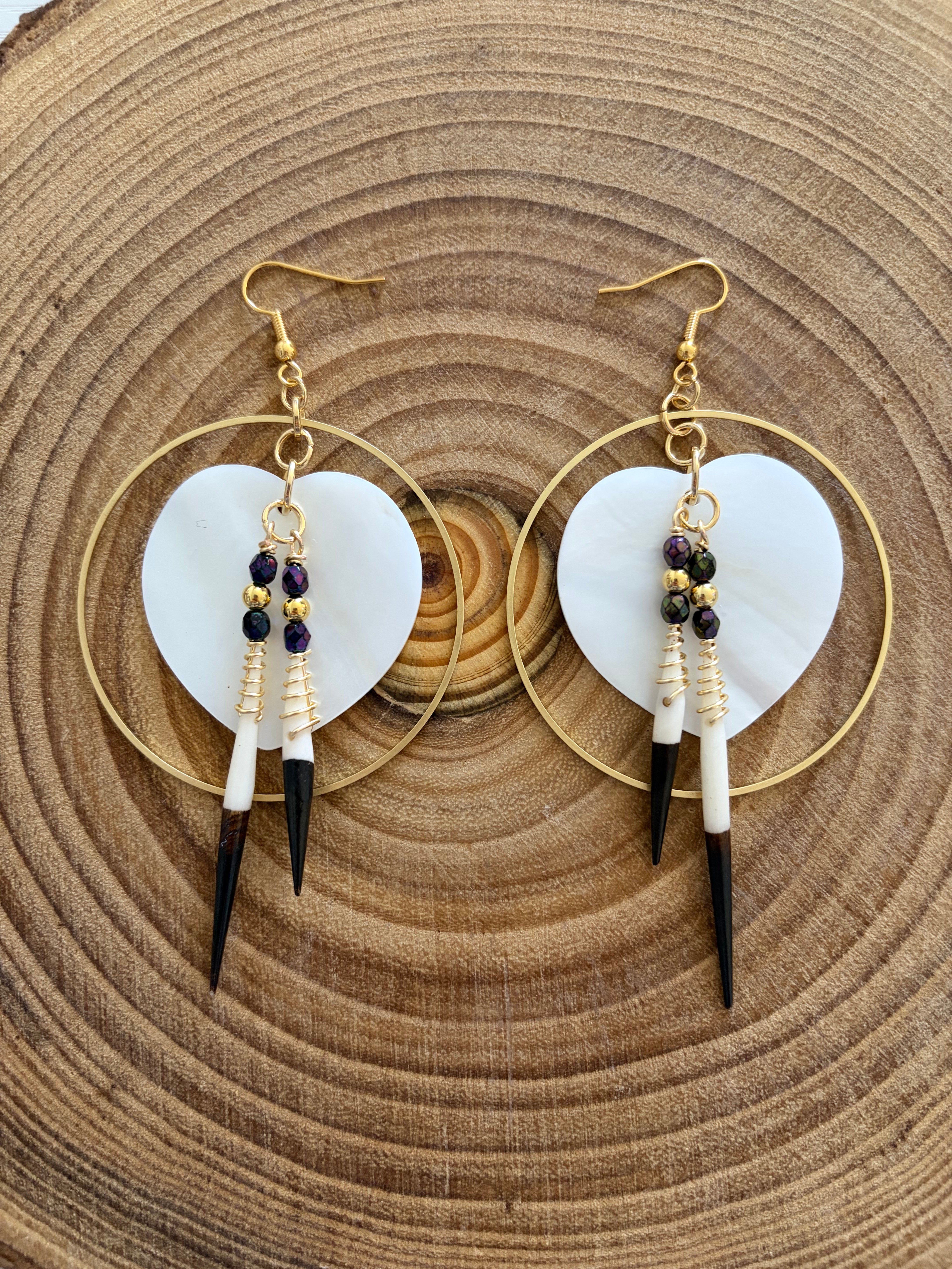 BlueRock Beads - Large Heart Shell Earrings with African Quills