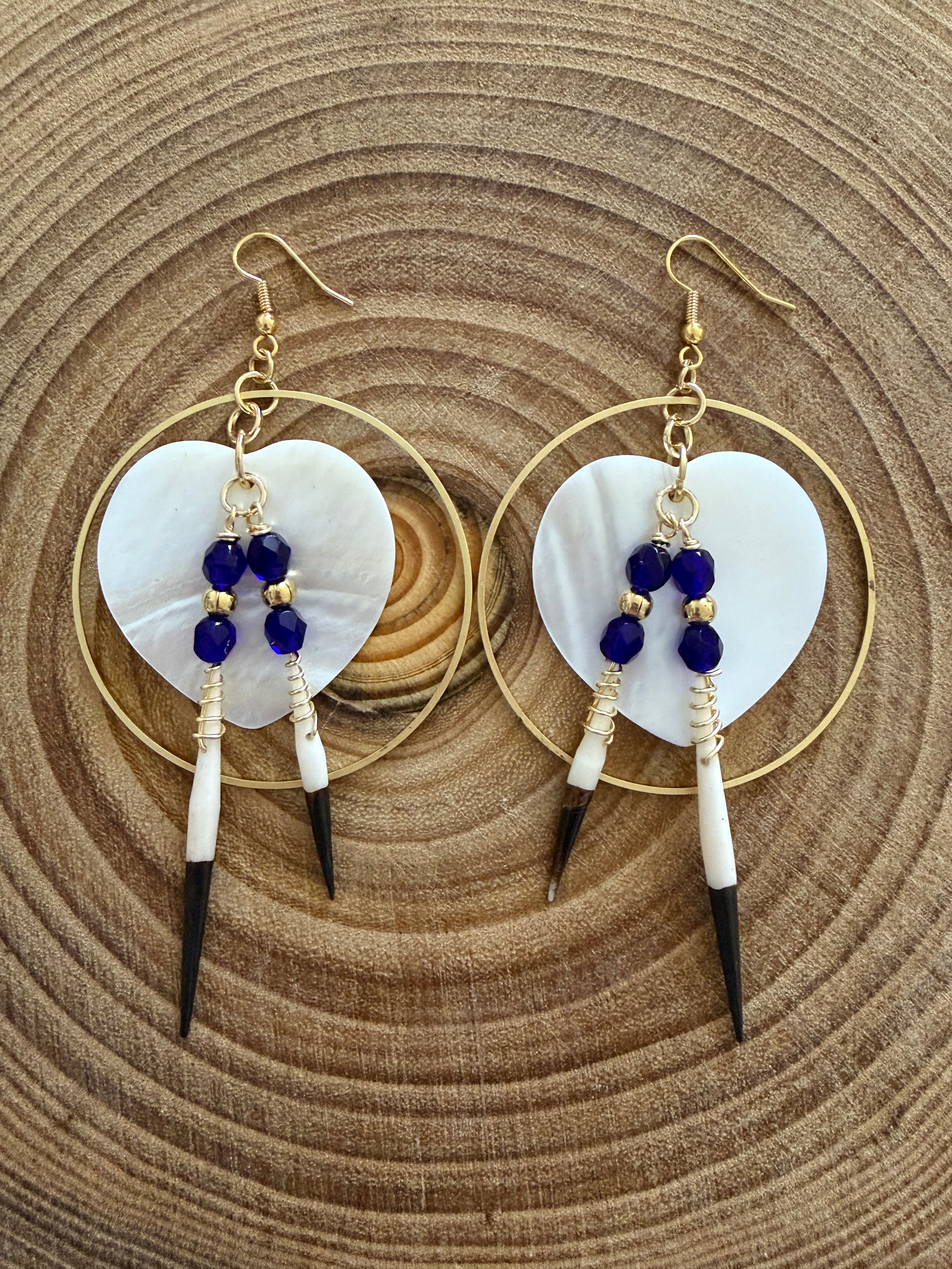 BlueRock Beads - Large Heart Shell Earrings with African Quills