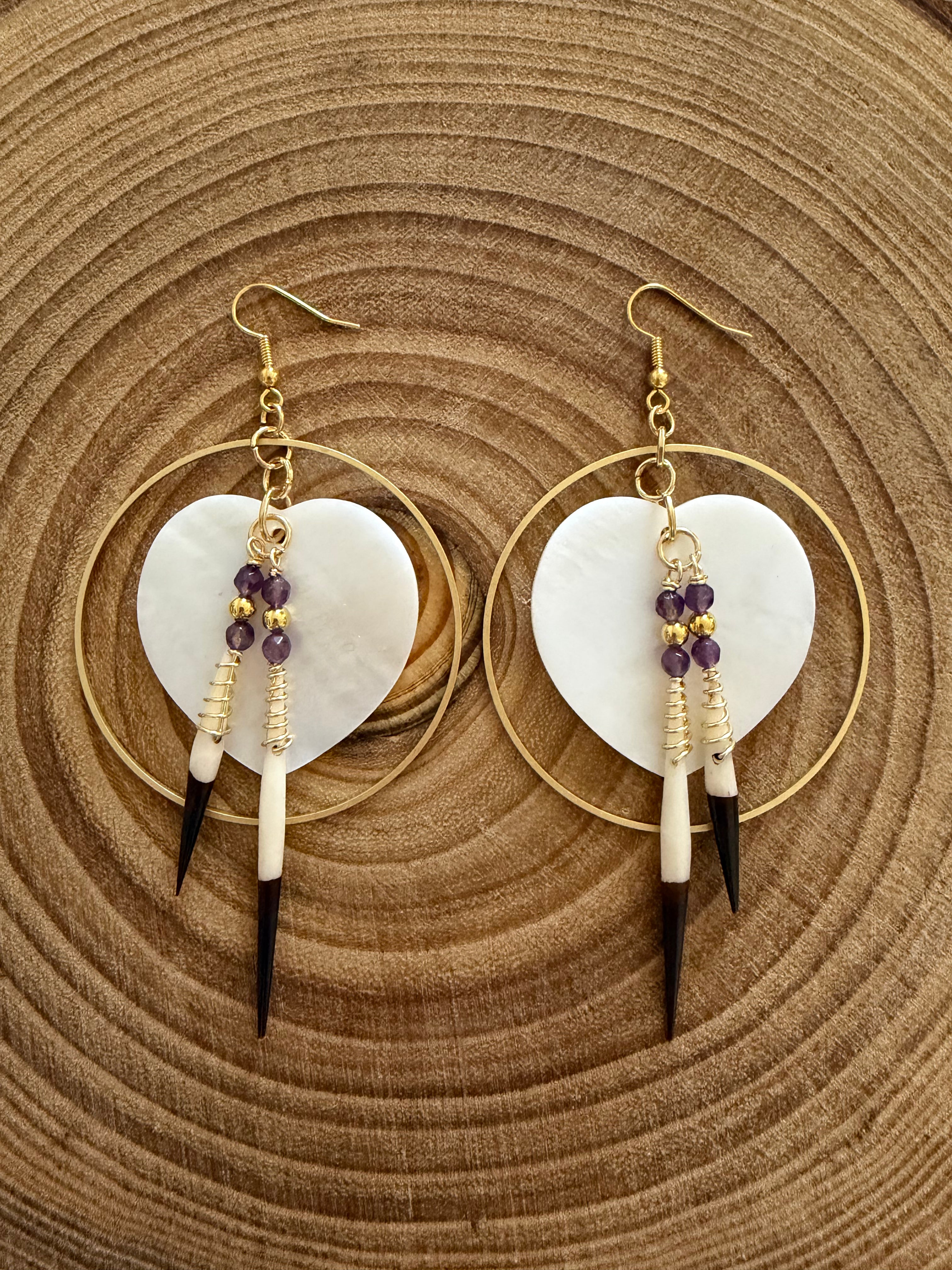 BlueRock Beads - Large Heart Shell Earrings with African Quills