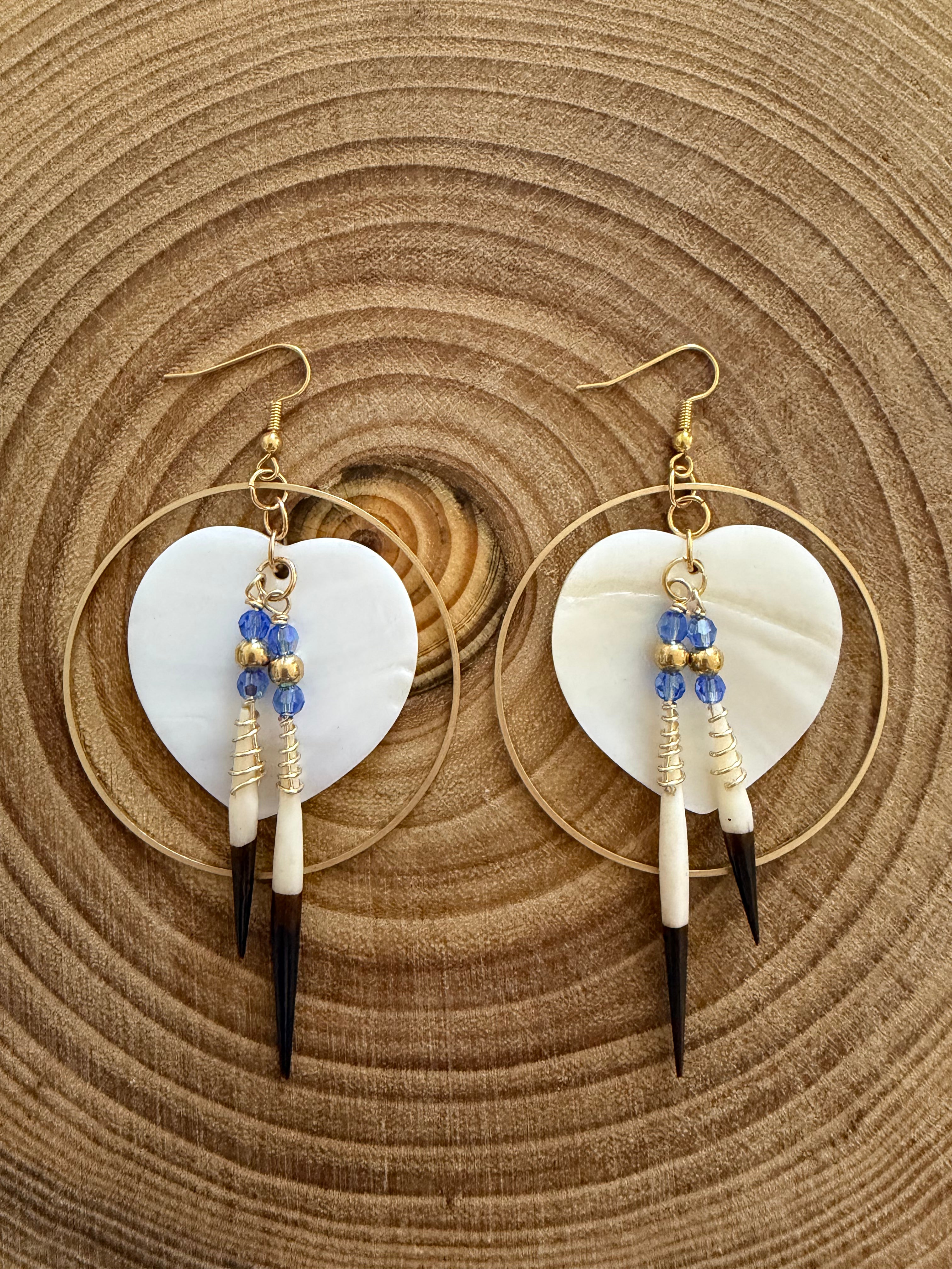 BlueRock Beads - Large Heart Shell Earrings with African Quills