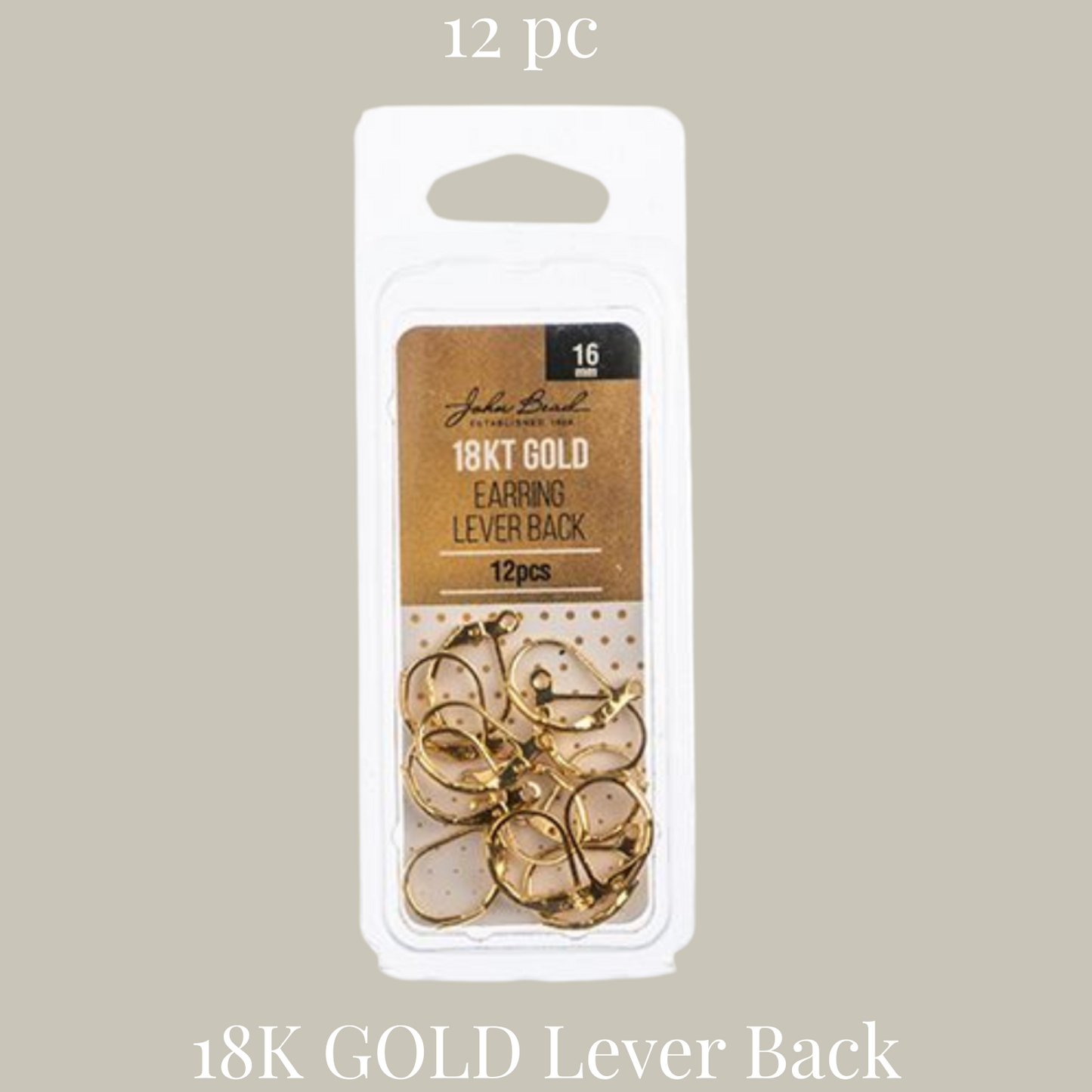 18kt Gold Plated Earring Lever Back 16mm 12pcs